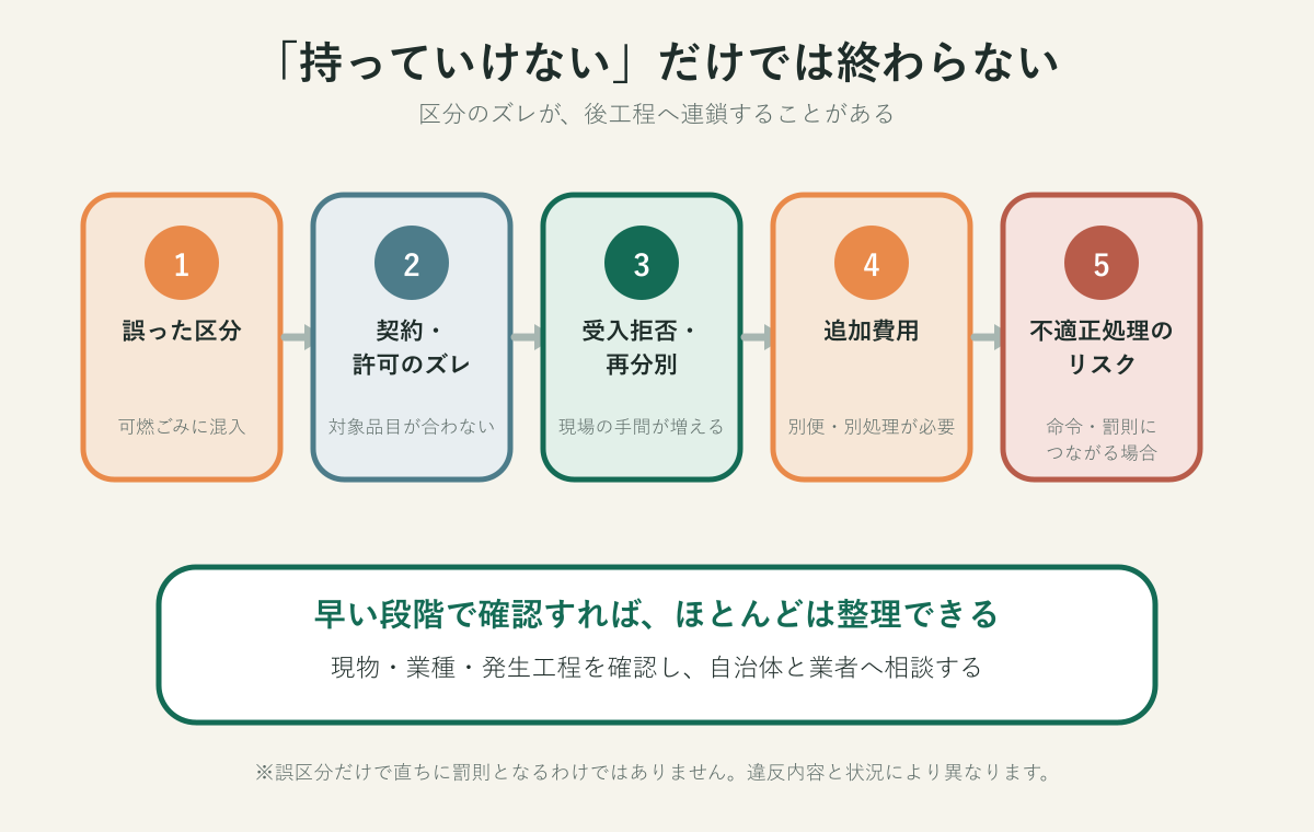 誤った区分から契約や許可の不一致、受入拒否、追加費用へつながる流れ