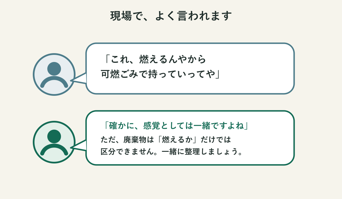 「燃える」と「可燃ごみ」は同じ意味ではないことを表した会話図